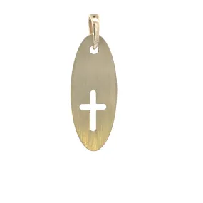 10K Brushed Gold Oval Pendant with Cross Cut-out