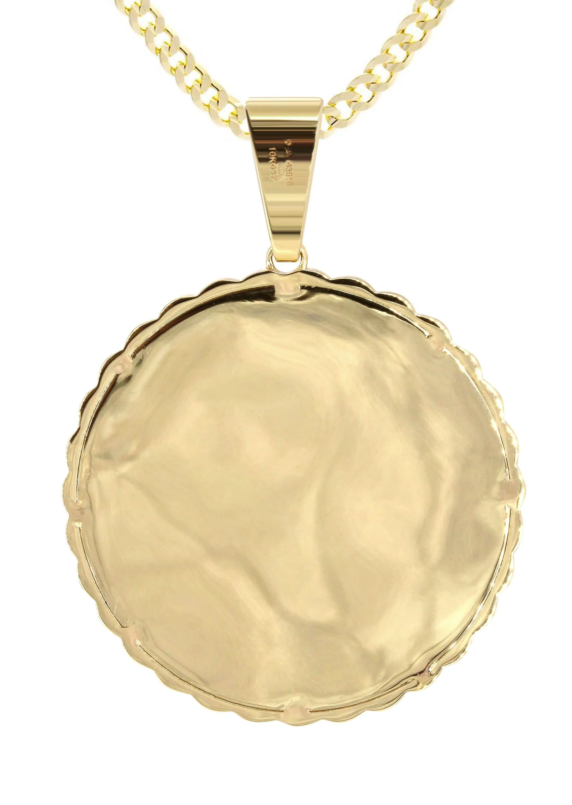 10K Yellow Gold Large Diamond Round Cuban Picture Pendant Necklace | Appx. 24 Grams