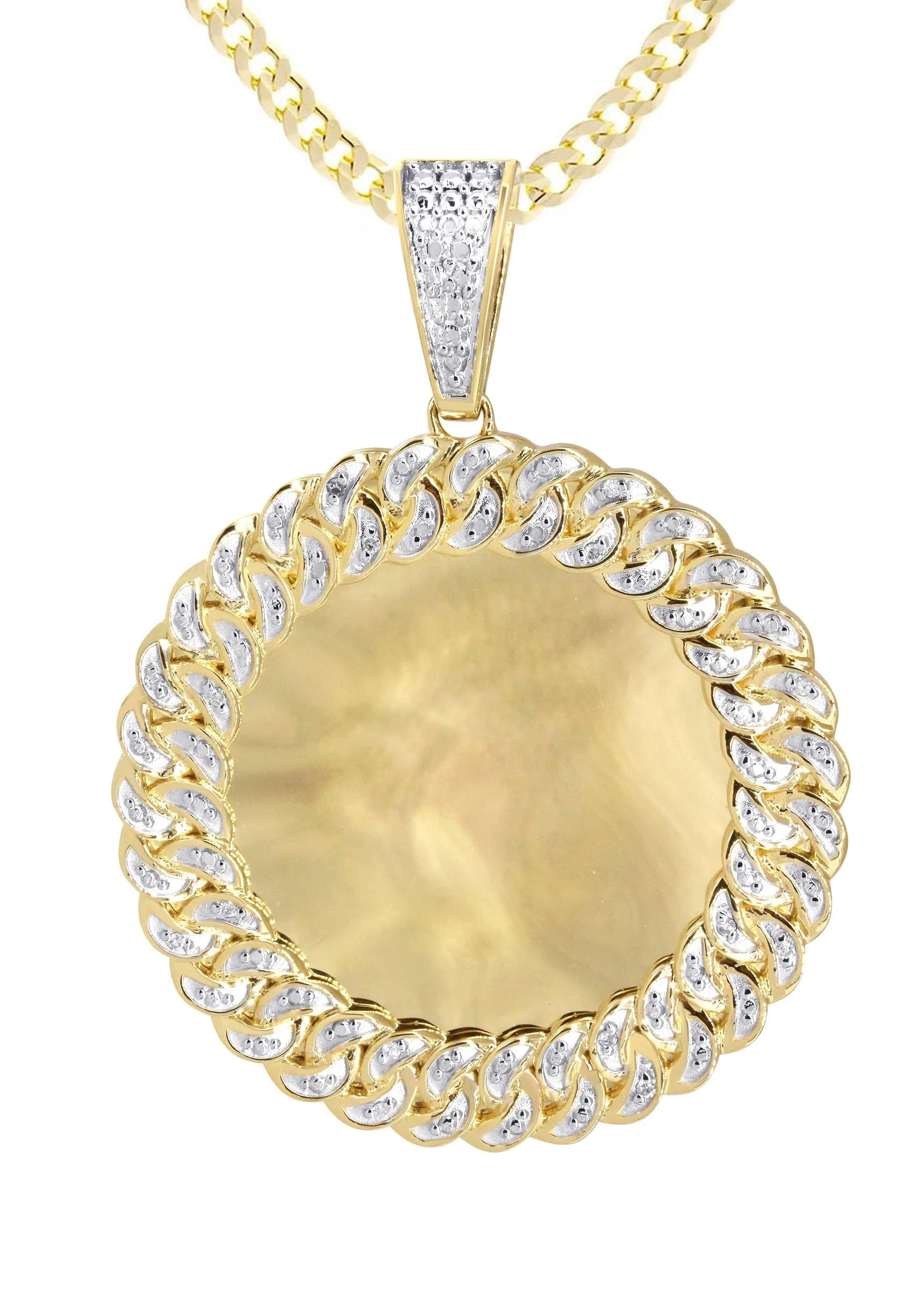 10K Yellow Gold Large Diamond Round Cuban Picture Pendant Necklace | Appx. 24 Grams