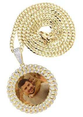 10K Yellow Gold Large Diamond Round Cuban Picture Pendant Necklace | Appx. 24 Grams