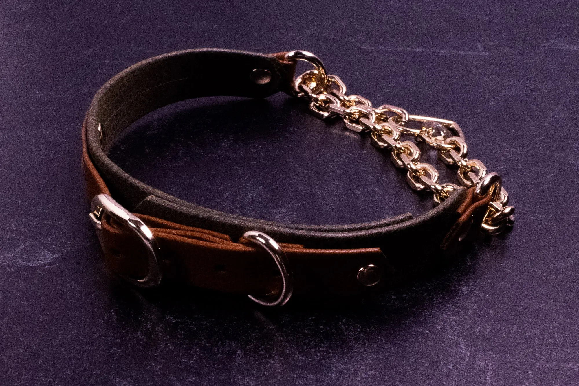 12.5" - 15" Tan & Olive Bark Leather Martingale Collar _ LIMITED _