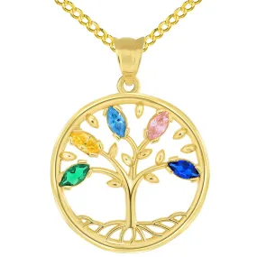 14k Gold Cubic Zirconia Round Elegant Tree of Life Medallion Pendant Curb Chain Necklace - Yellow Gold