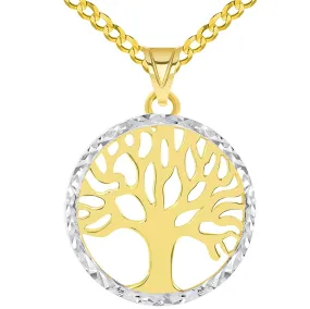 14k Gold Textured and Polished Round Tree of Life Medallion Pendant with Curb Chain Necklace - Yellow Gold