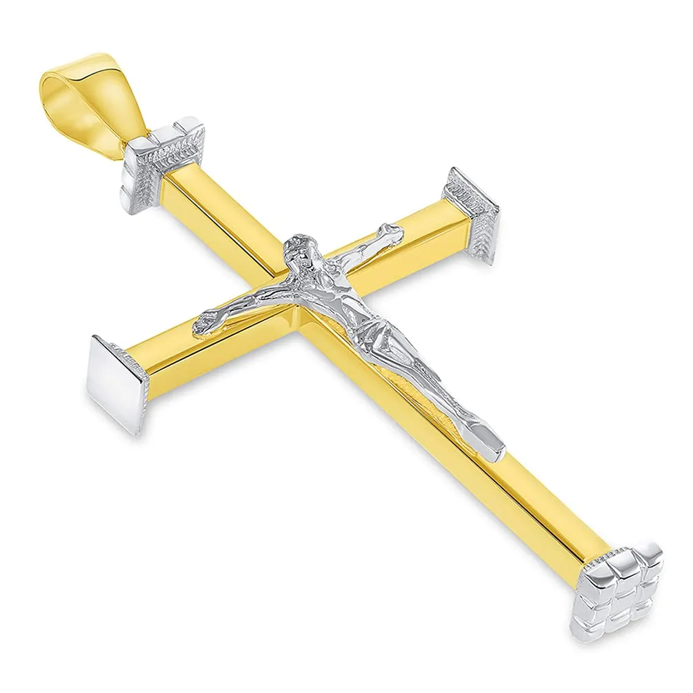 14k Solid Two-Tone Gold 3D Catholic Christian Crucifix Cross Pendant with Cuban Chain Curb Necklace