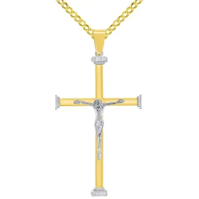 14k Solid Two-Tone Gold 3D Catholic Christian Crucifix Cross Pendant with Cuban Chain Curb Necklace