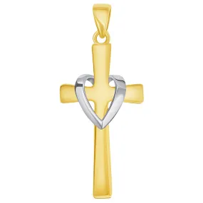 14k Solid Two-Tone Gold Religious Heart Cross Pendant