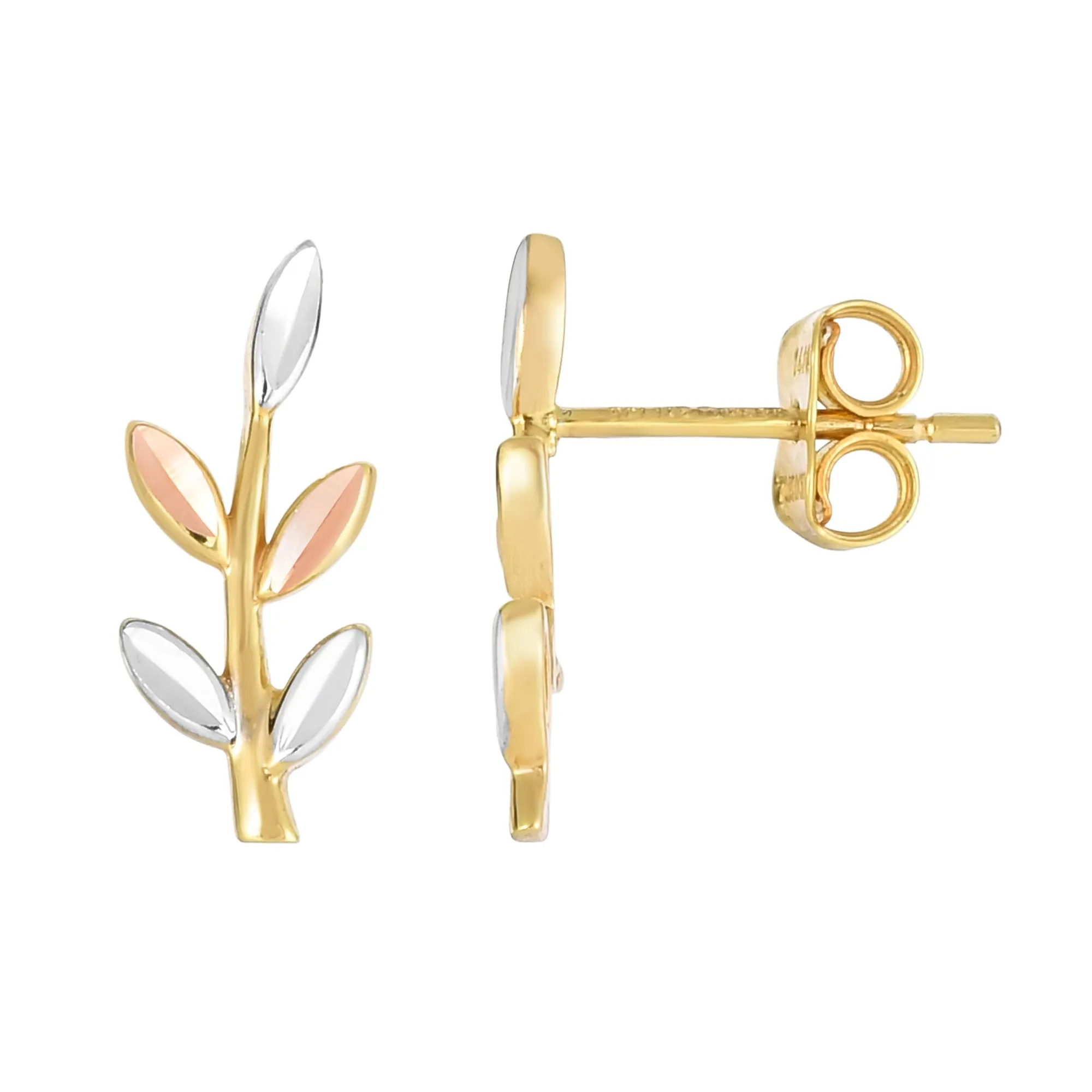 14K Tri-Color Diamond Cut Leaf Ear Climber Stud Earrings