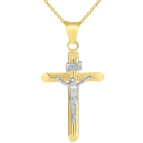 14k Two Tone Gold Tubular Cross INRI Crucifix Pendant Necklace