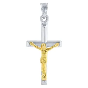 14K White Gold Small Cross Two Tone Jesus Crucifix Pendant