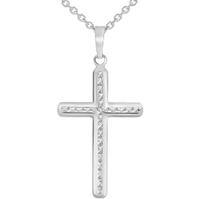 14k White Gold Textured Religious Classic Cross Pendant Necklace with Rolo Cable Chain