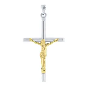 14k White Gold Two-Tone Tube Cross Charm with Jesus Crucifix Pendant