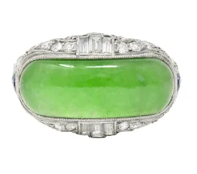 1930's Art Deco Jadeite Jade Sapphire Diamond Platinum Band Vintage Ring GIA