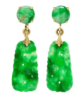 1940's Tiffany & Co. Retro Carved Jade 14 Karat Yellow Gold Screwback Drop Earrings