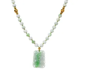 1960's Natural Jadeite Jade 14 Karat Yellow Gold Beaded Strand Carved Vintage Pendant Necklace GIA