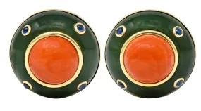 1990's Trianon Coral Jade Sapphire 14 Karat Gold Vintage Ear-Clip Earrings