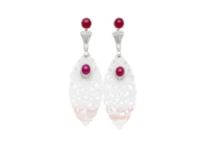 27.48 Carat Carved Grade A Lavender Jade Drop Earrings with Rubies & Diamonds