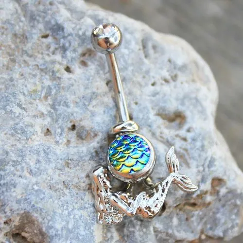 316L Stainless Steel 2-in-1 Fish Scale Cabochon Mermaid Navel Ring