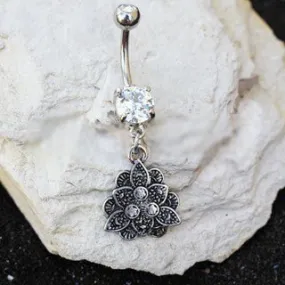 316L Stainless Steel Jeweled Vintage Lotus Dangle Navel Ring