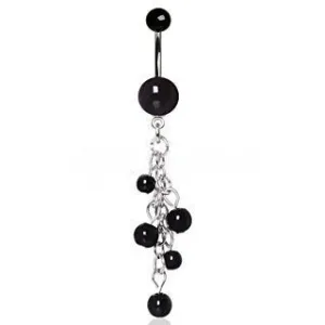 316L Surgical Steel Black Acrylic Navel Ring with Beaded Chain Cascade