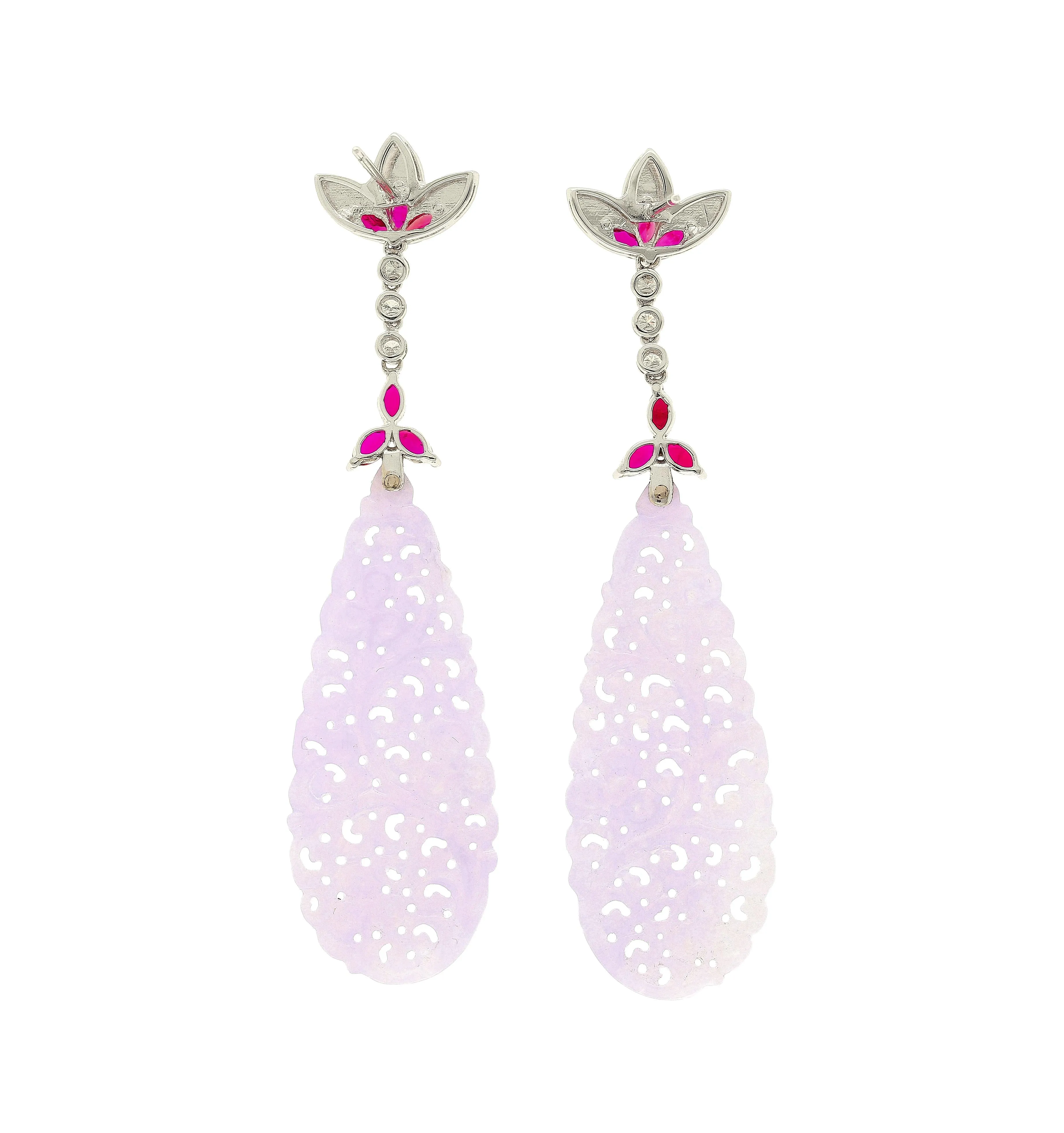 33 Carat Carved Lavender Jadeite Jade Drop Earrings With Rubies & Diamonds