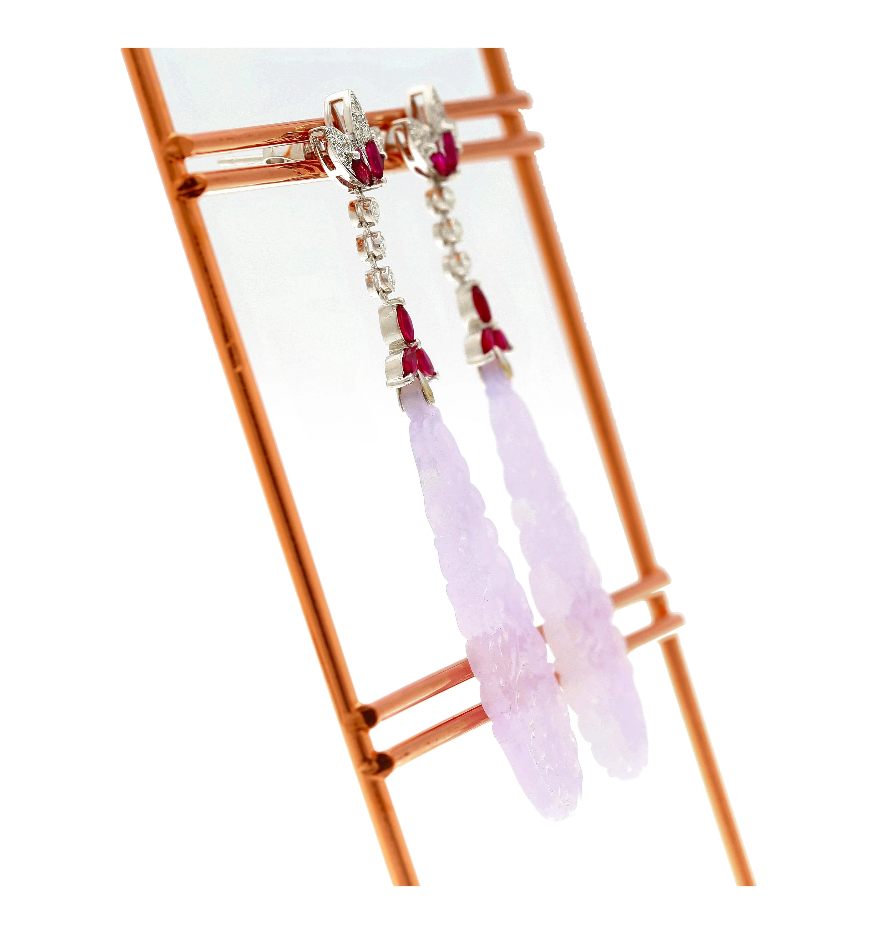 33 Carat Carved Lavender Jadeite Jade Drop Earrings With Rubies & Diamonds