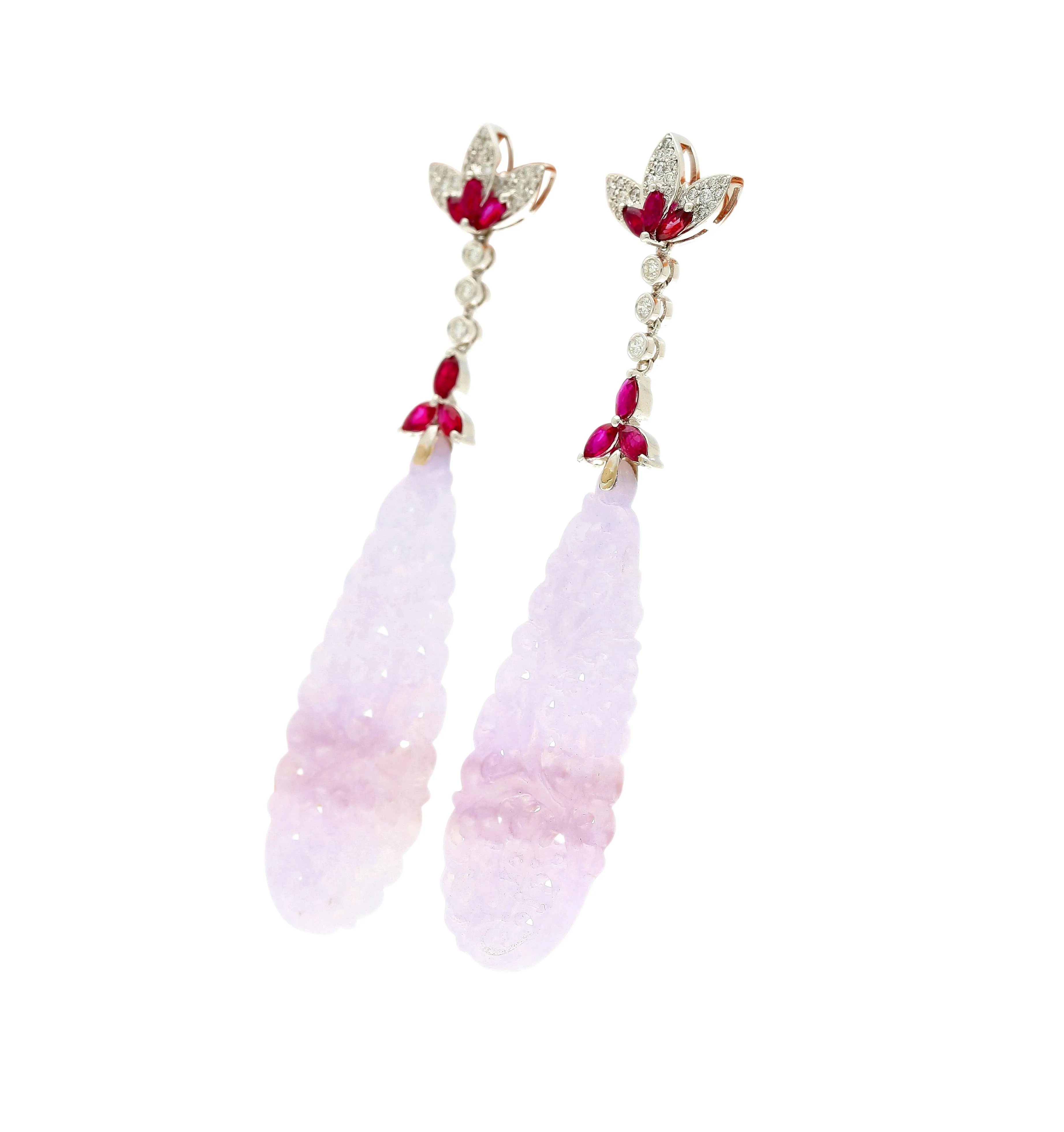 33 Carat Carved Lavender Jadeite Jade Drop Earrings With Rubies & Diamonds