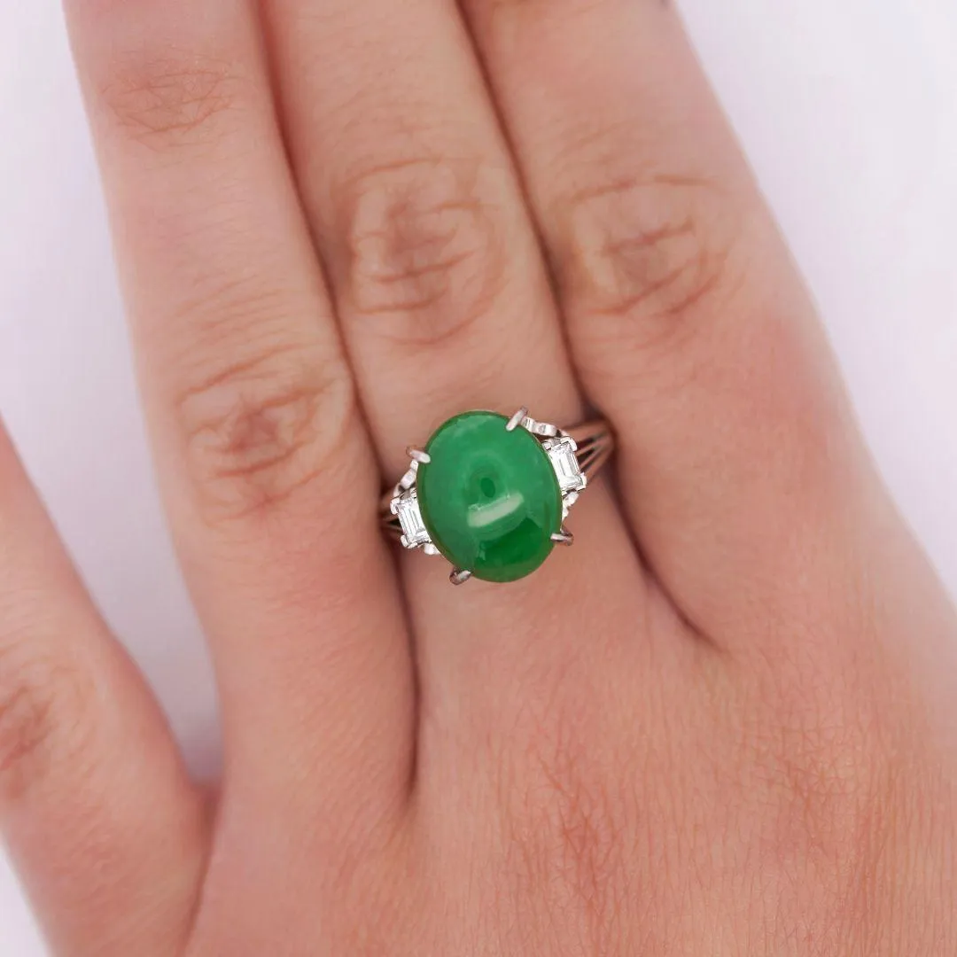 5.87 Carat Grade A Jadeite Jade & Diamond Platinum 3 Stone Ring