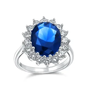 6CT Blue Oval Imitation Sapphire CZ Engagement Ring .925 Sterling Silver