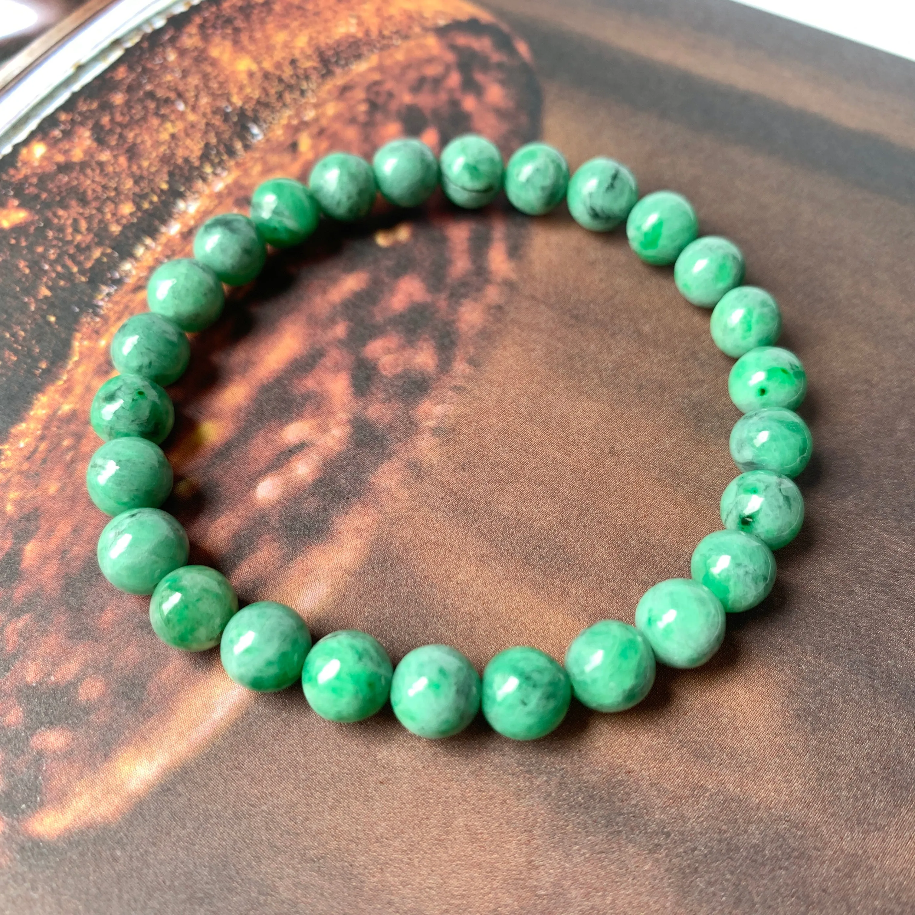 7.2mm A-Grade Natural Imperial Green Jadeite Beaded Bracelet No.220425