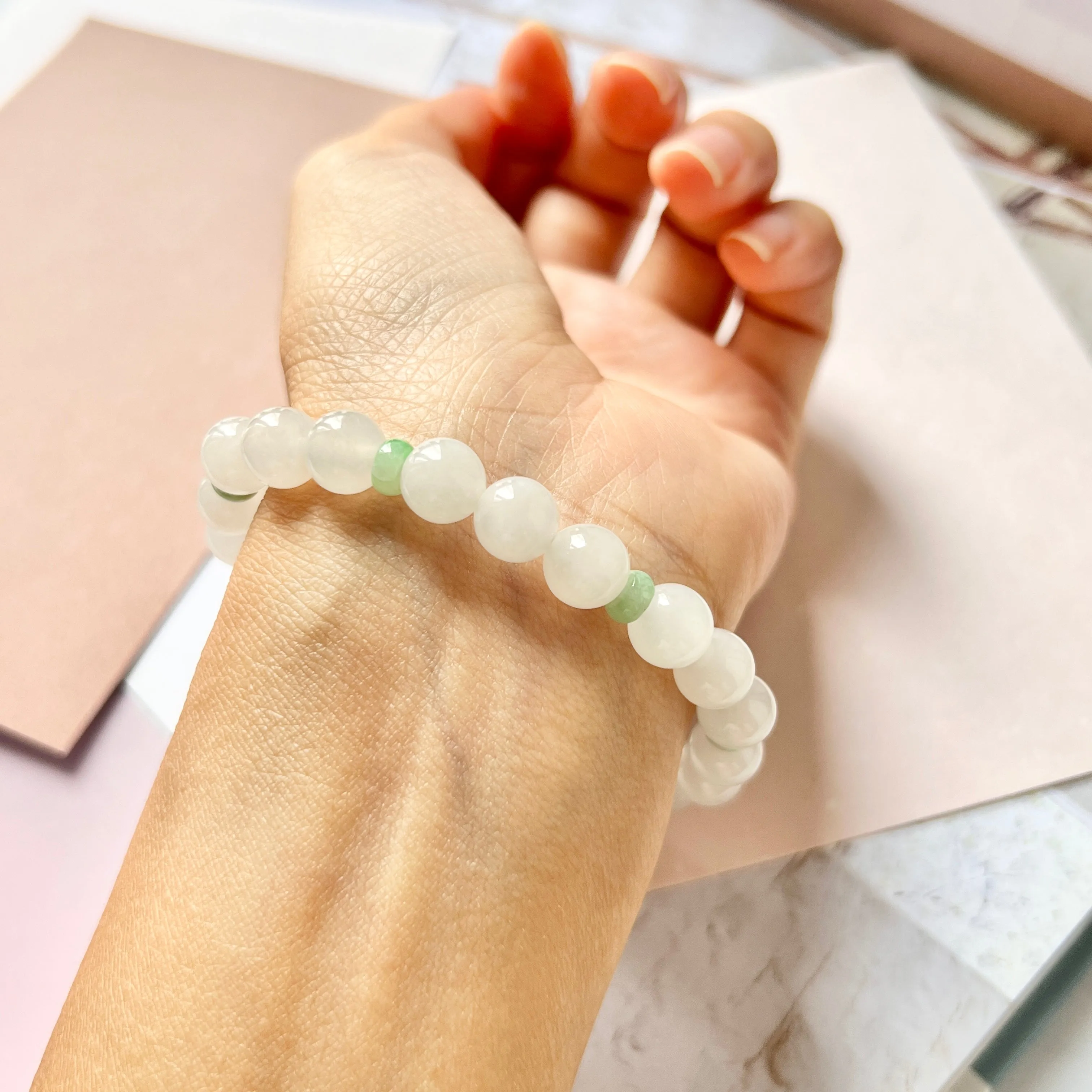 8.4mm A-Grade Natural White and Green Jadeite Beaded Bracelet No.190359