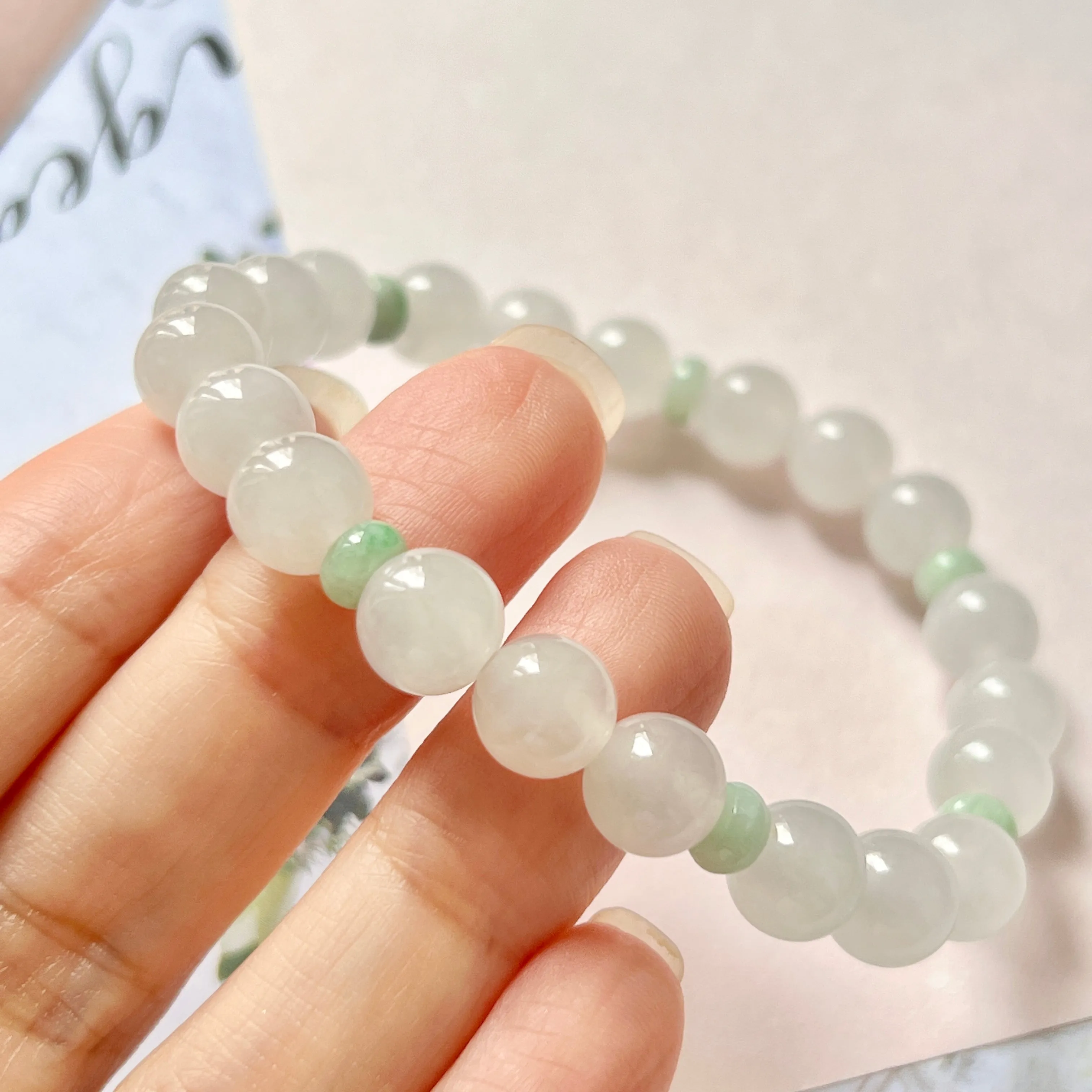 8.4mm A-Grade Natural White and Green Jadeite Beaded Bracelet No.190359