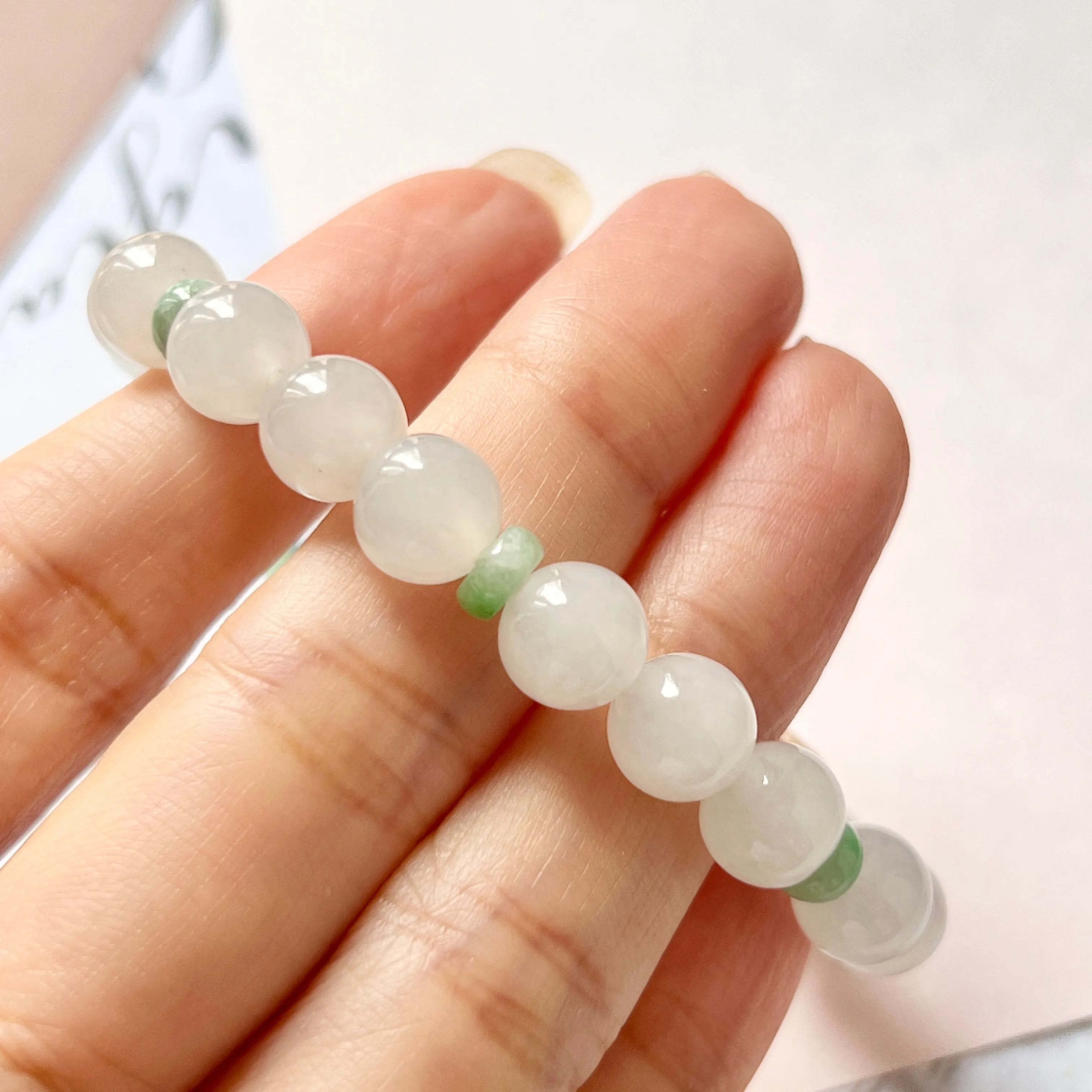 8.4mm A-Grade Natural White and Green Jadeite Beaded Bracelet No.190359