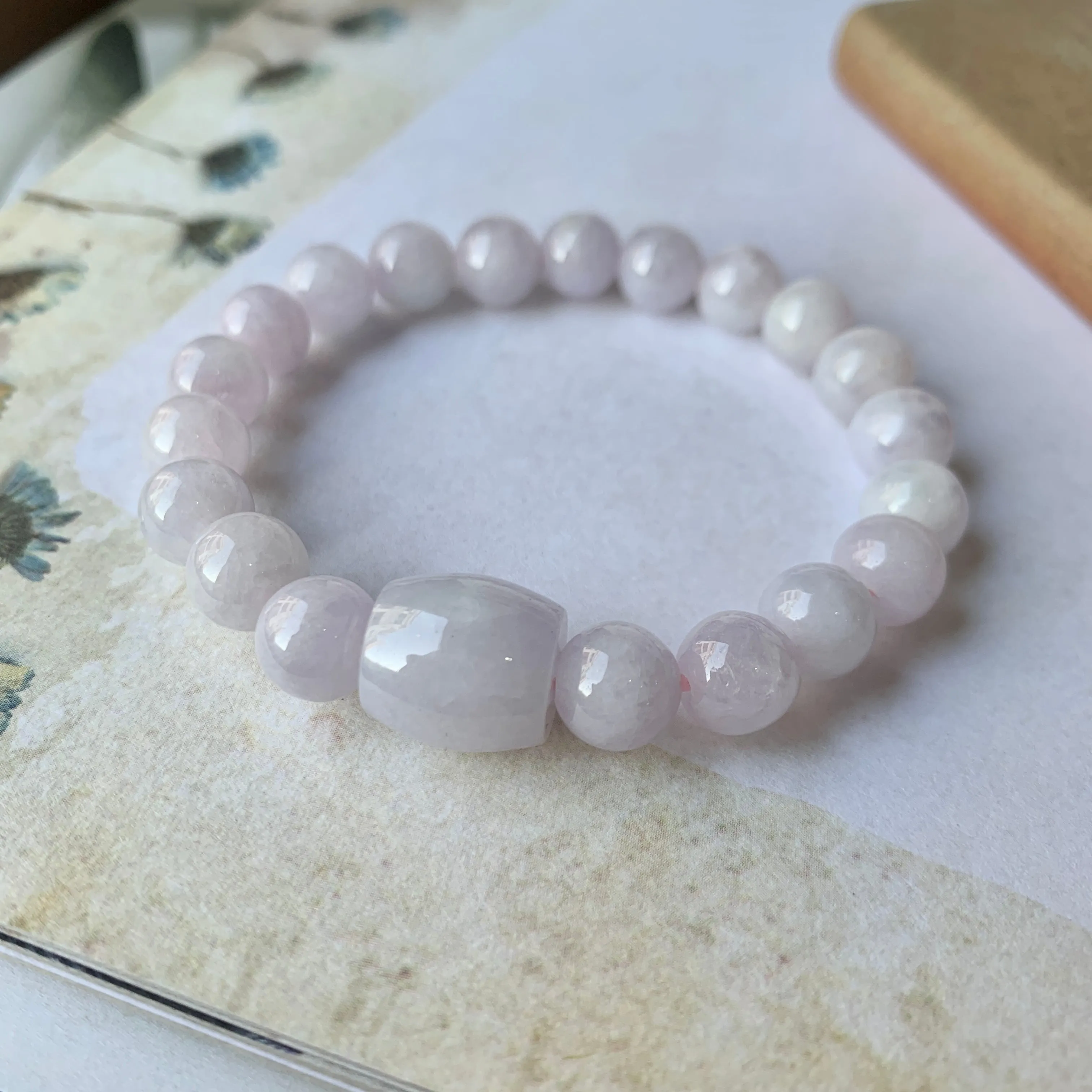 8.5mm A-Grade Natural Lilac Jadeite Beaded Bracelet with Barrel No.190179