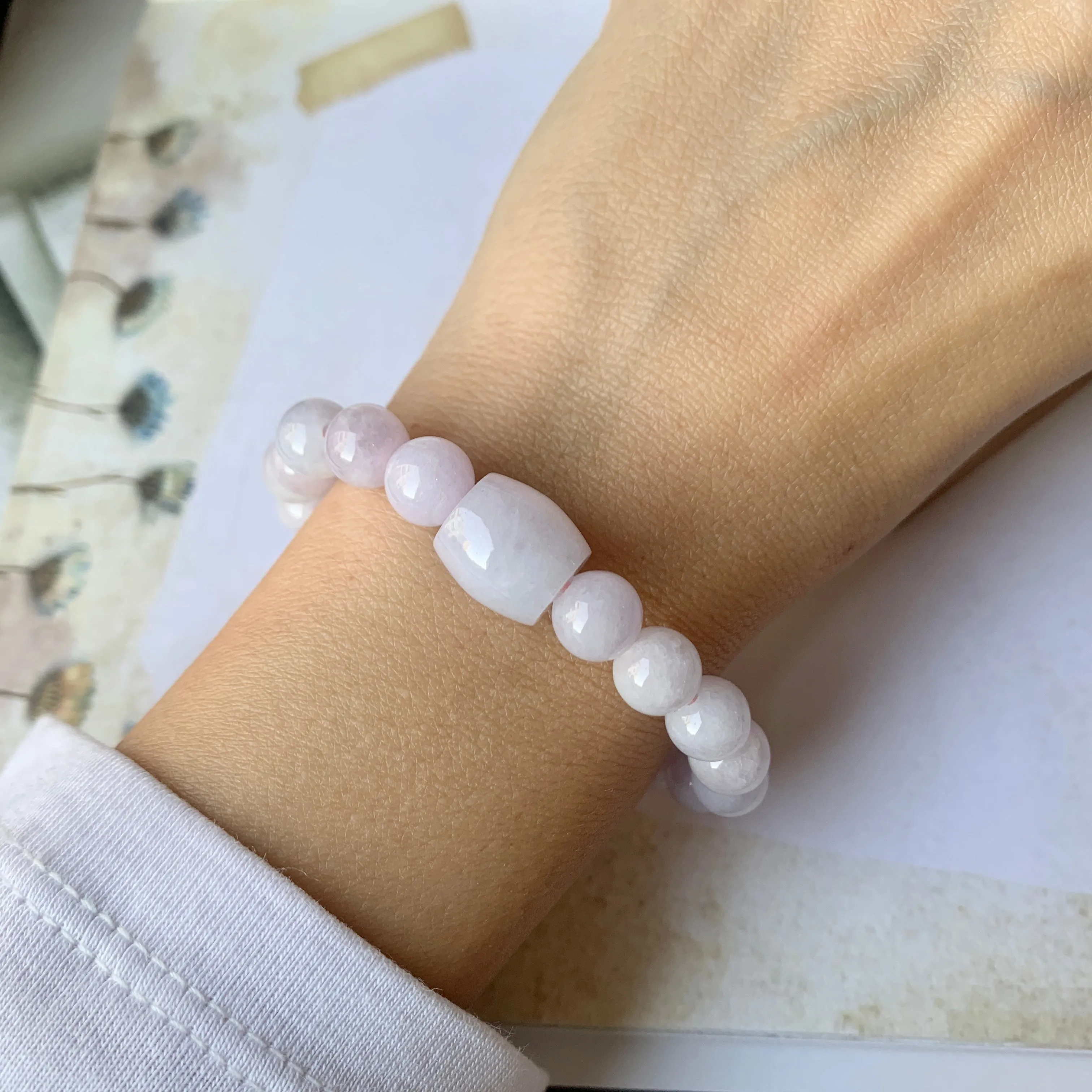 8.5mm A-Grade Natural Lilac Jadeite Beaded Bracelet with Barrel No.190179