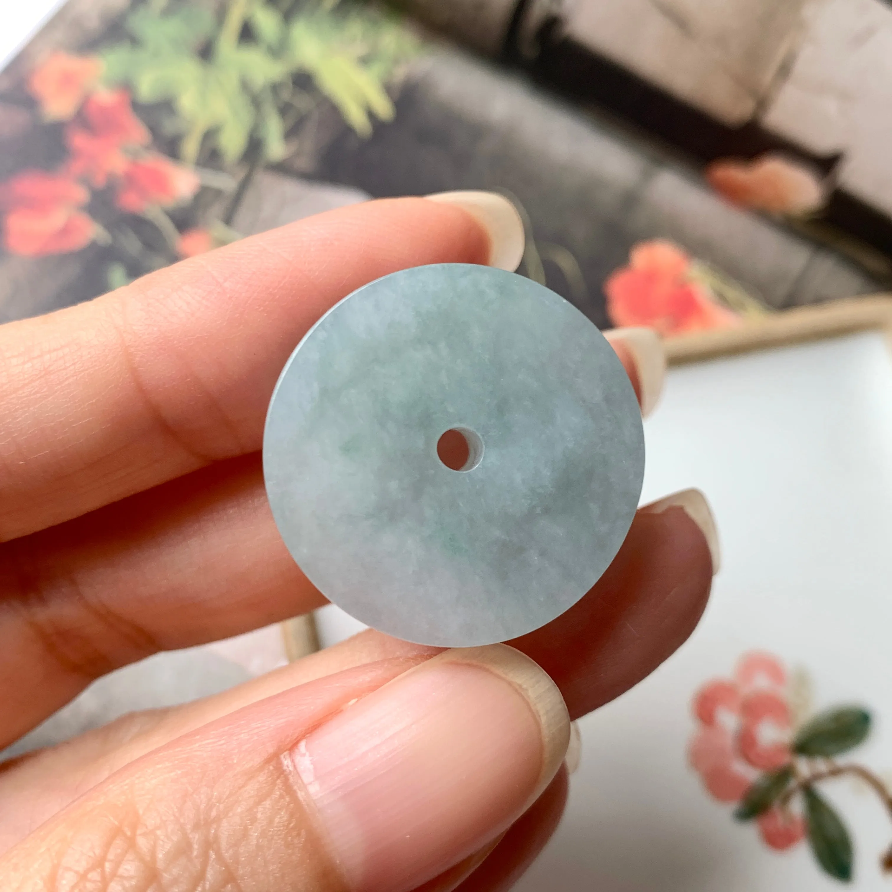 A-Grade Natural Bluish Green Jadeite Donut Pendant No.170904