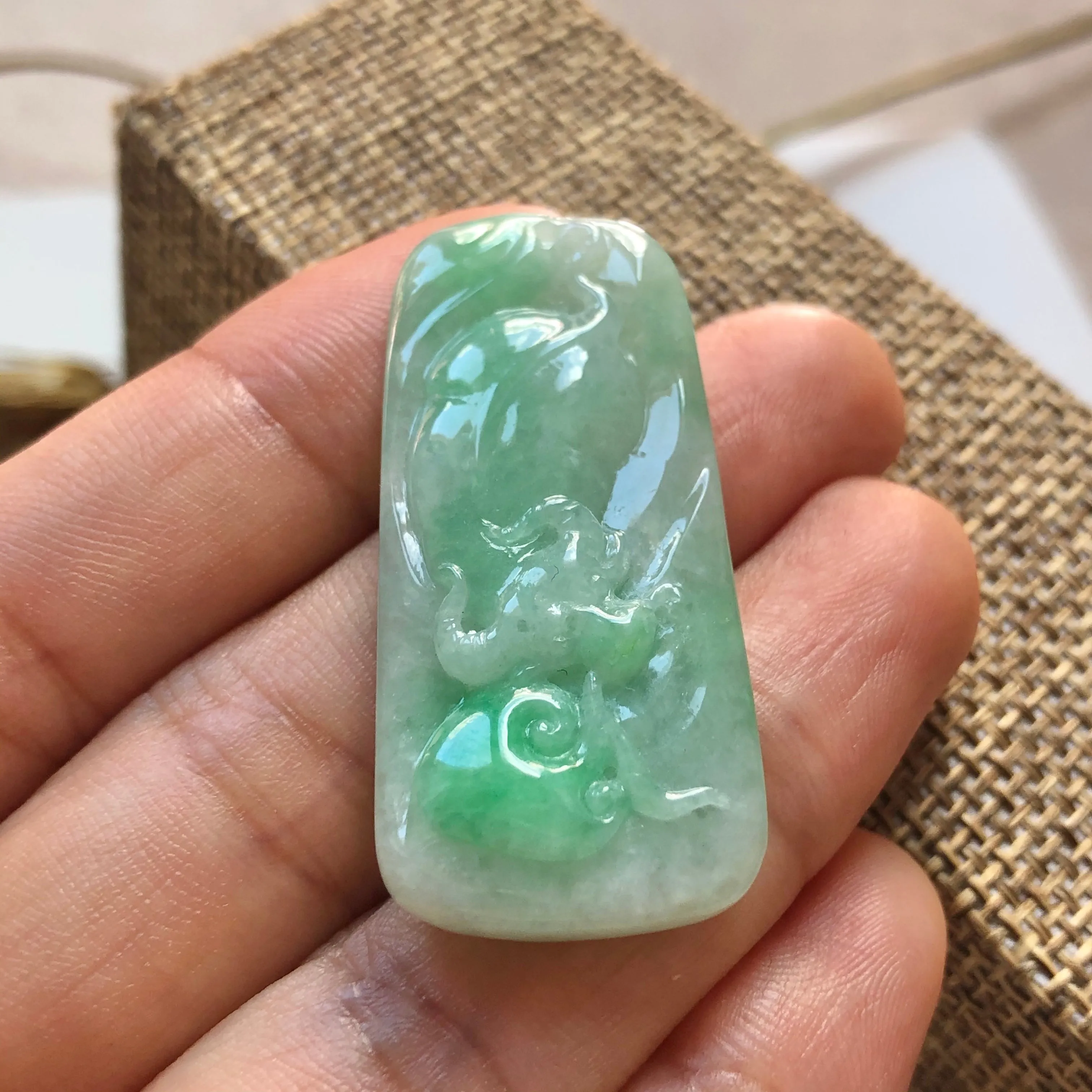 A-Grade Natural Green Jadeite Pendant With Ox & Ruyi Carving No.220139