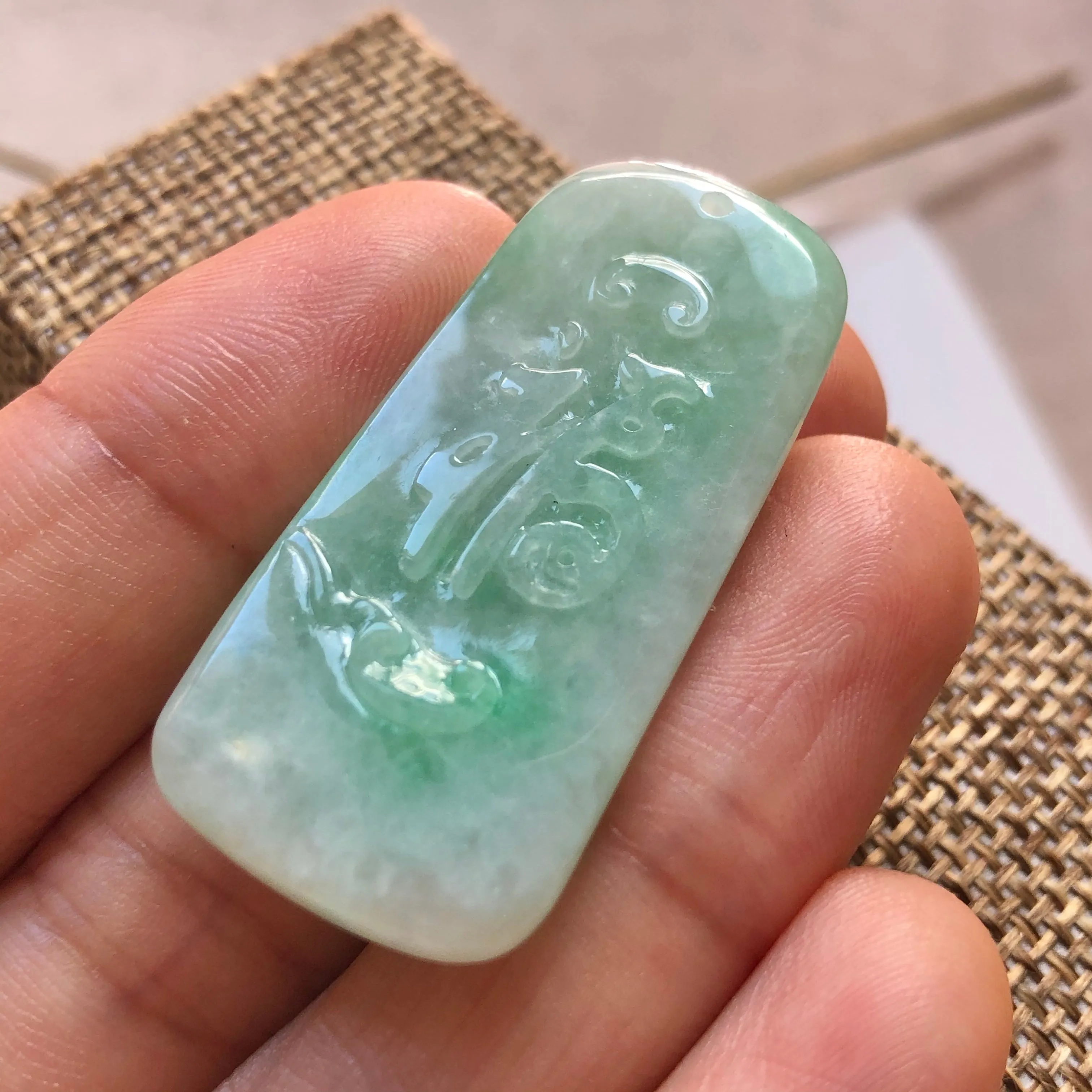 A-Grade Natural Green Jadeite Pendant With Ox & Ruyi Carving No.220139