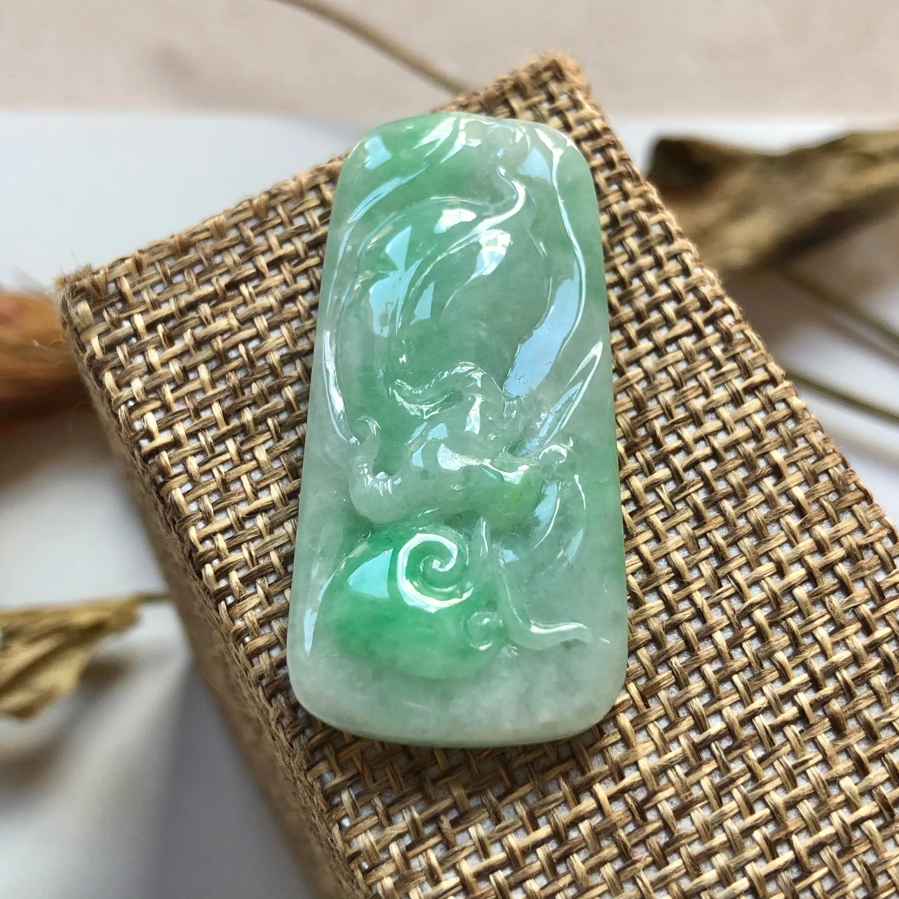 A-Grade Natural Green Jadeite Pendant With Ox & Ruyi Carving No.220139