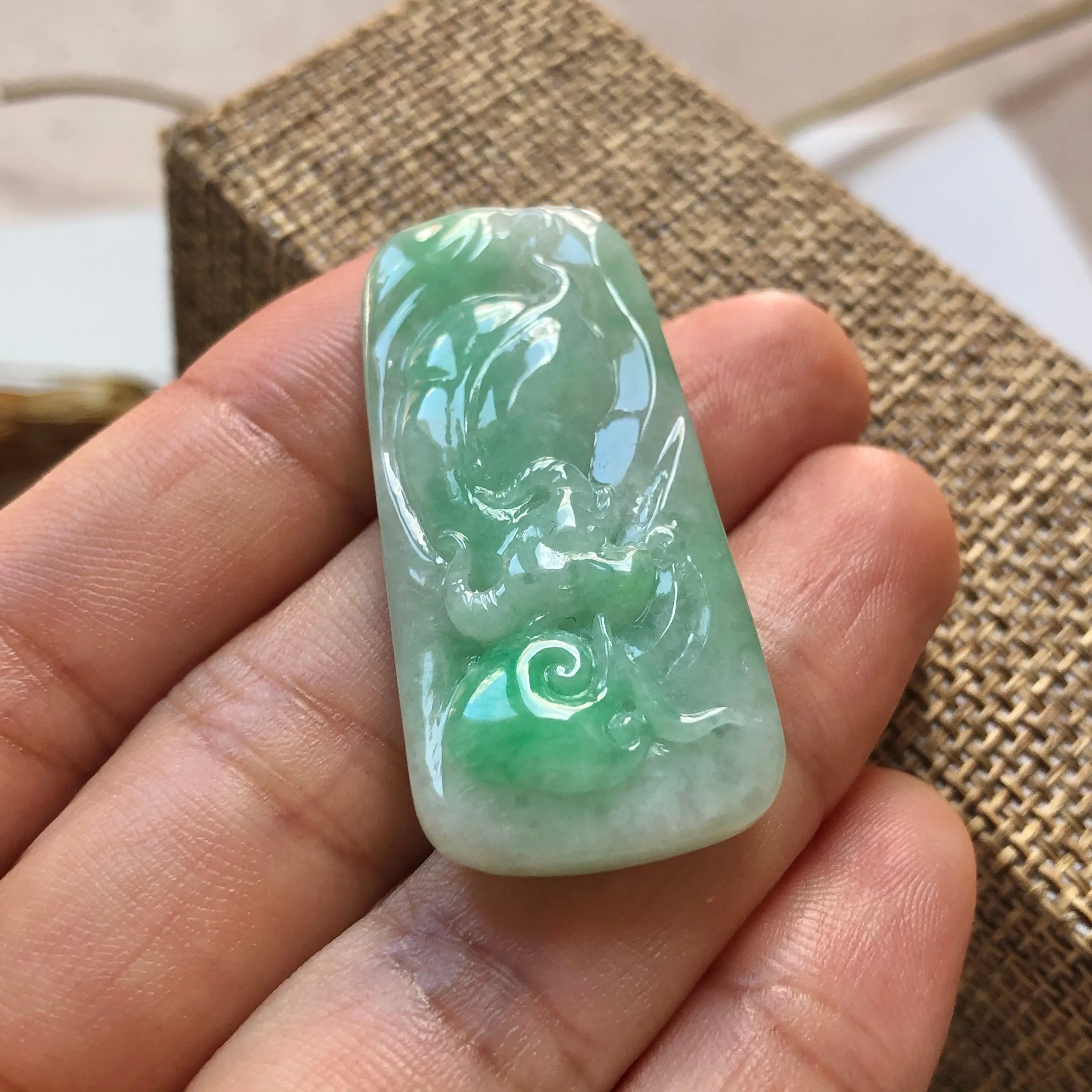 A-Grade Natural Green Jadeite Pendant With Ox & Ruyi Carving No.220139