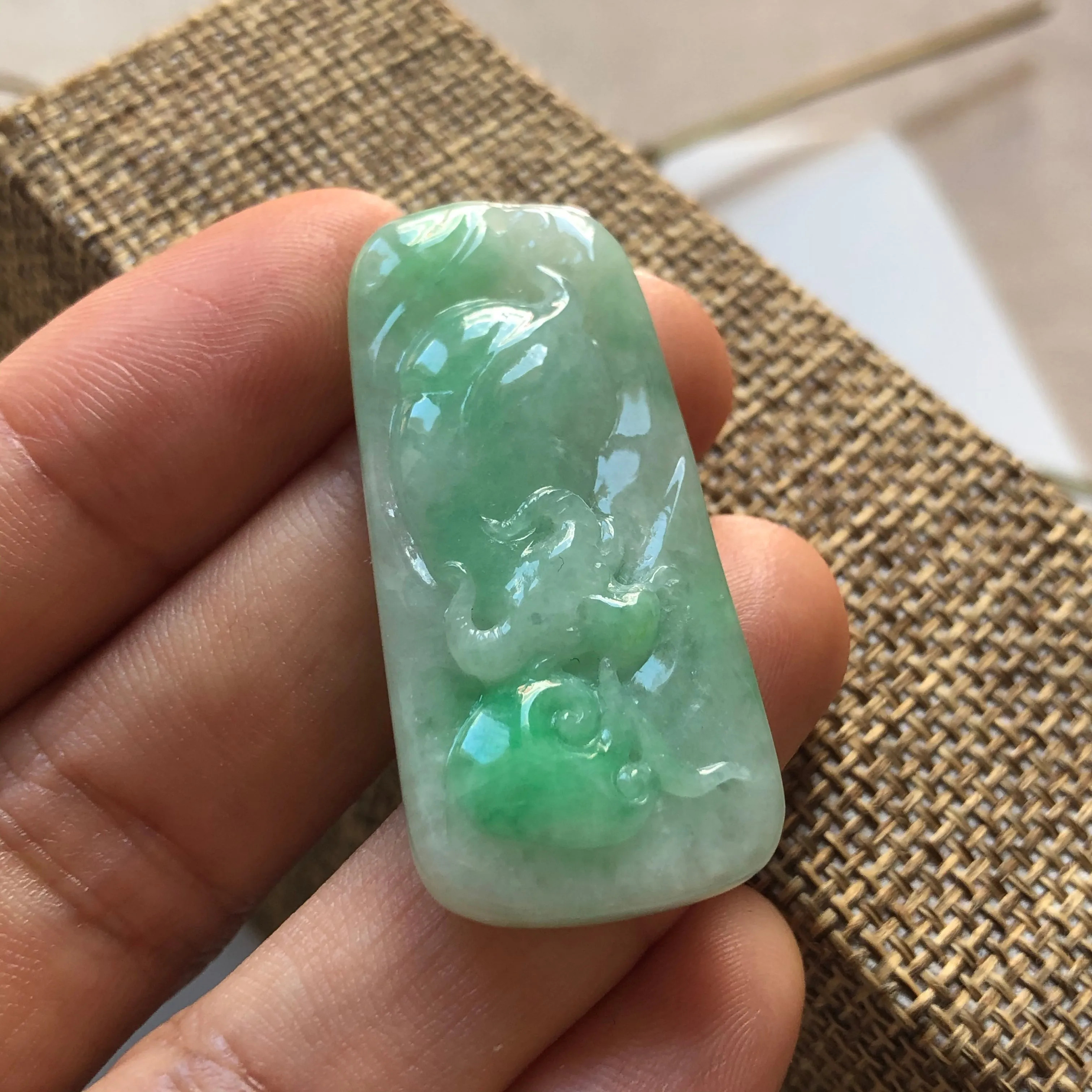 A-Grade Natural Green Jadeite Pendant With Ox & Ruyi Carving No.220139