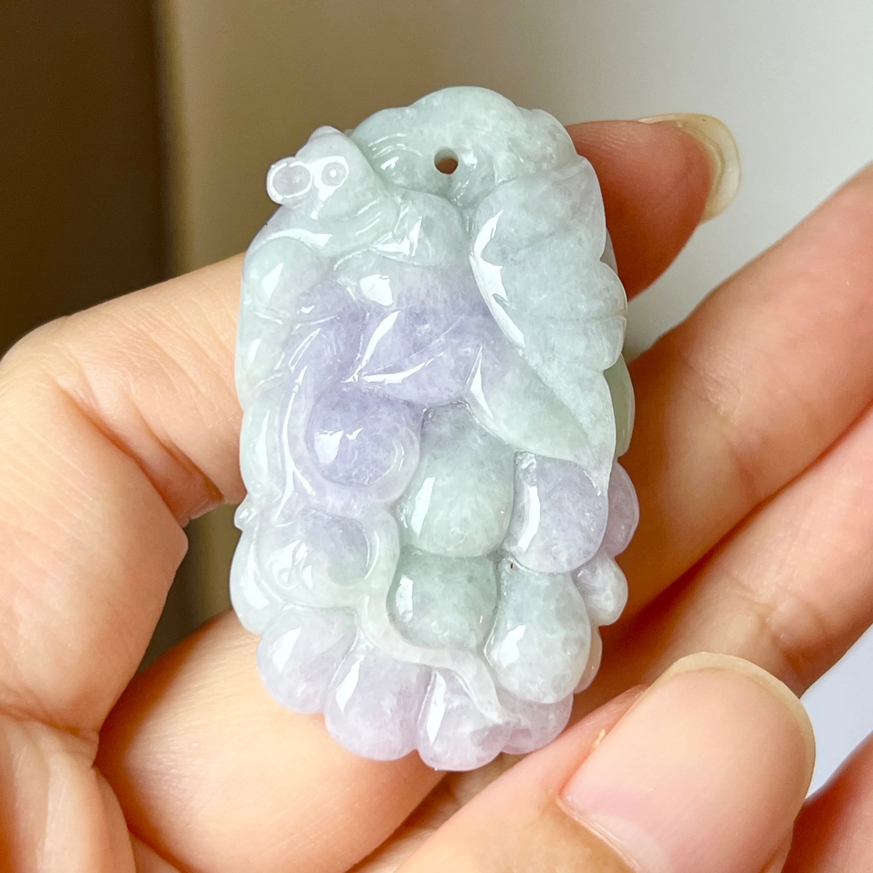 A-Grade Natural Lavender Green Jadeite Grape Vine & Squirrel Pendant No.220152