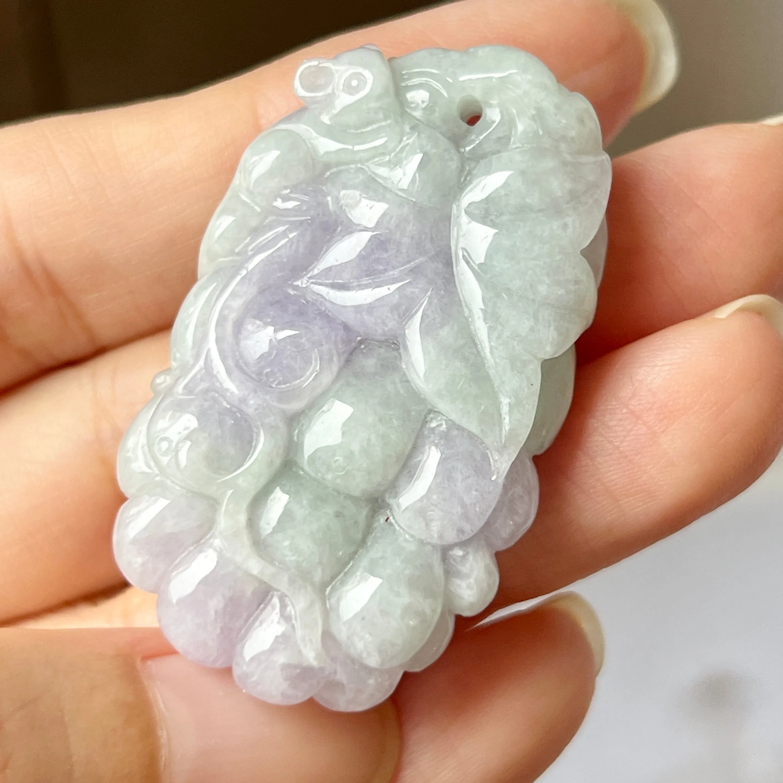 A-Grade Natural Lavender Green Jadeite Grape Vine & Squirrel Pendant No.220152