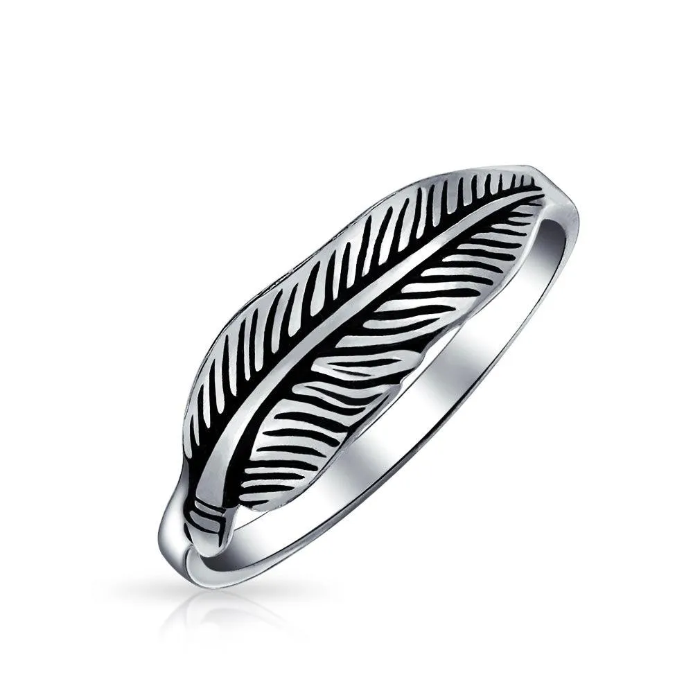 American Western Jewelry Boho Feather Leaf Band Ring Sterling Silver