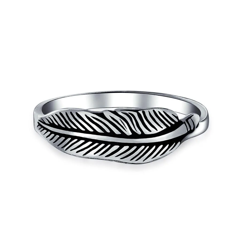 American Western Jewelry Boho Feather Leaf Band Ring Sterling Silver