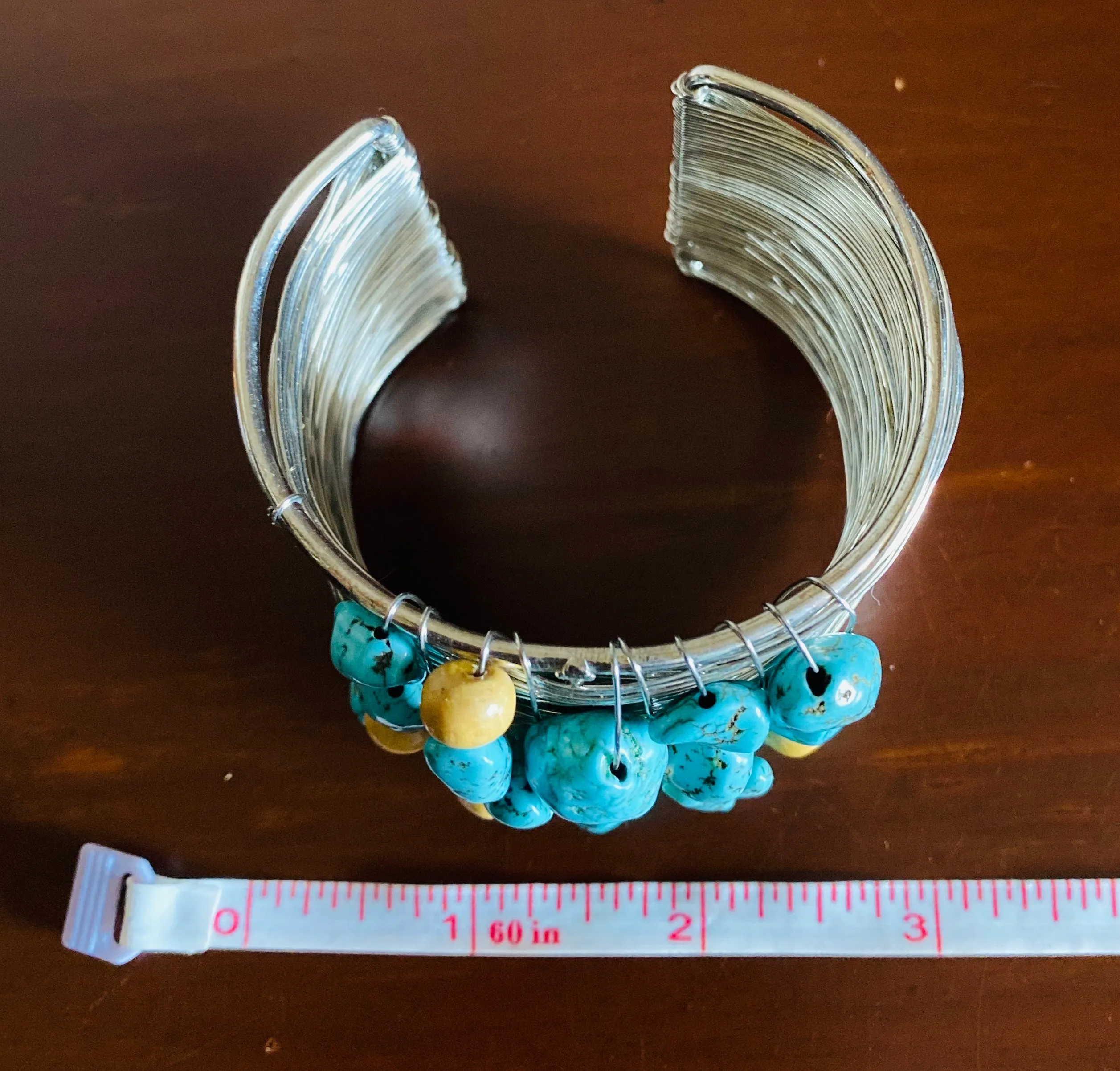 Artisan Blue Silver Tone FauxTurquoise Stone Beaded Wide Cuff Fashion Bracelet