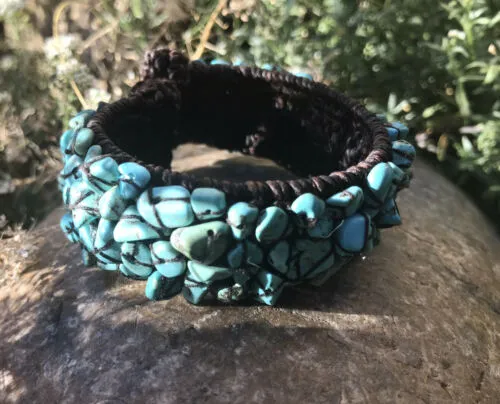 Artisan Handmade Turquoise Stone Fiber Wrapped Cuff Bracelet