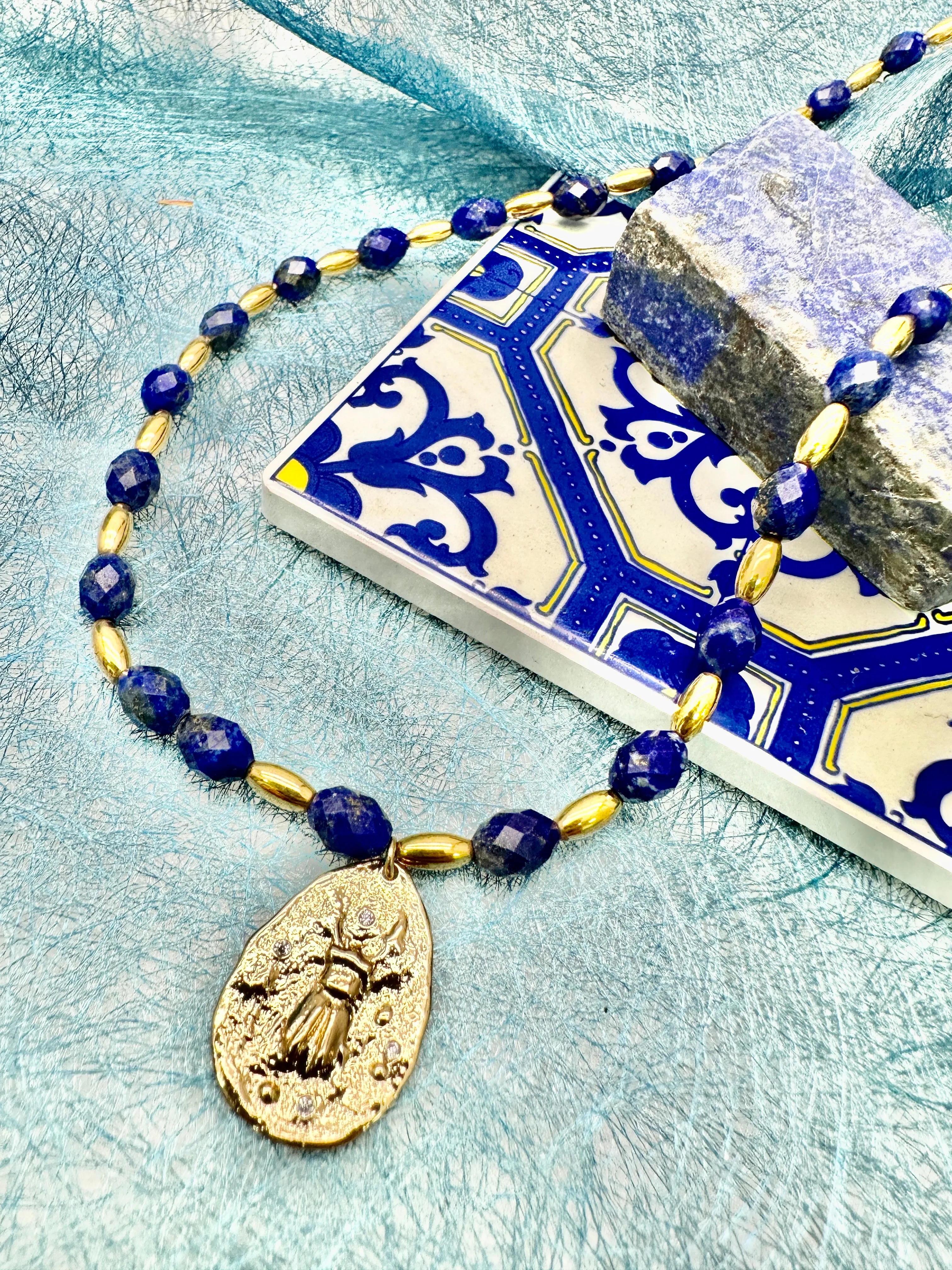 Blue Lapis with Coin Pendant Necklace LN035