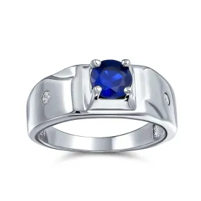 Blue Sapphire CZ Mens Engagement Ring .925 Sterling Silver