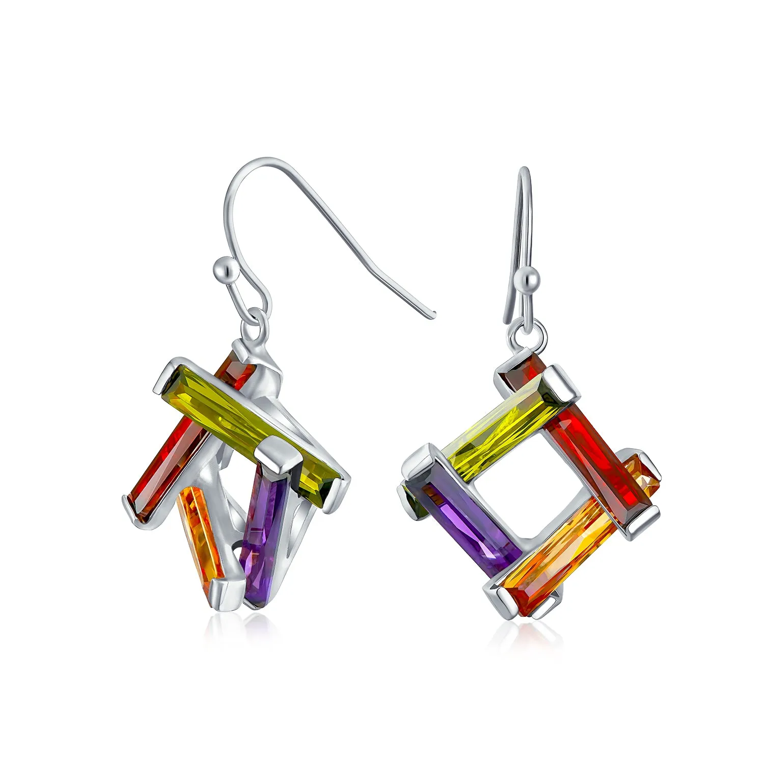 Colorful Multicolor CZ Geometric Criss Cross Square Dangle Earrings