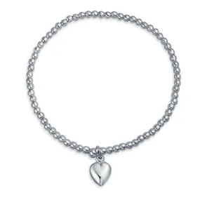 Initial A-Z 3MM Ball Bead Heart Charm Stretch Bracelet Sterling Silver